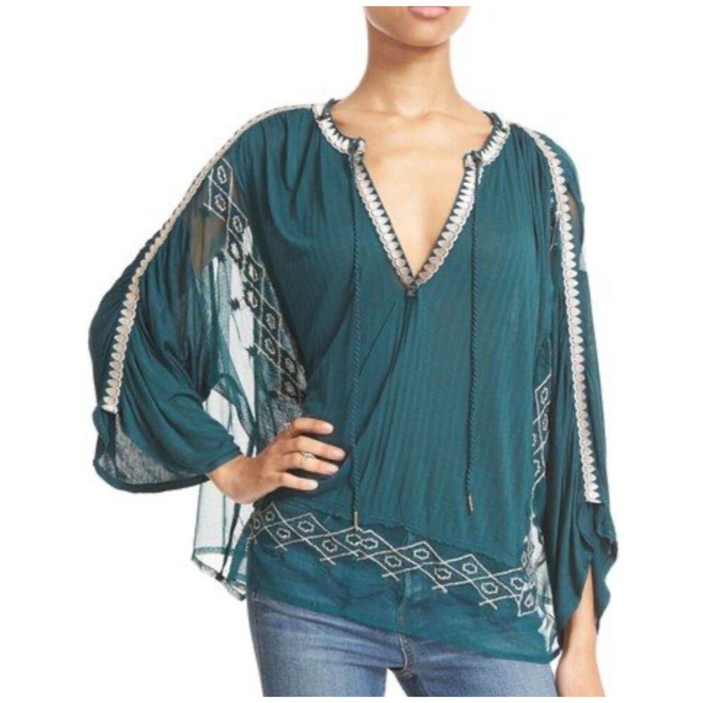 FREE PEOPLE Eden Embroidered Green Gold 3/4 Sleeve Blouse